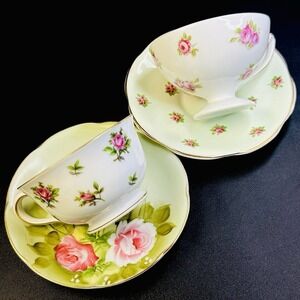 Mismatched‎ Tea Cups & Saucers Set Of 2 Vtg Bone China Pink Roses Green Floral